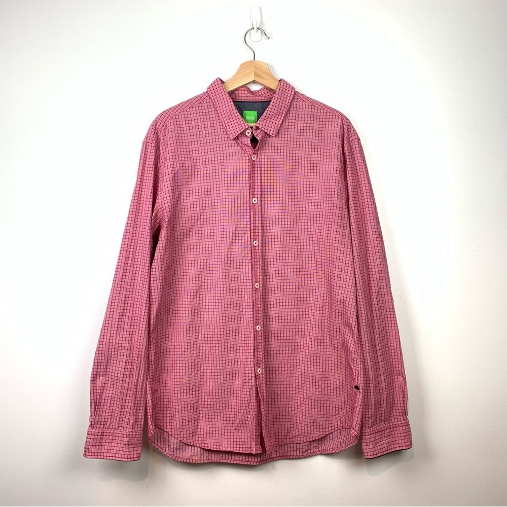 Hugo Boss Slim Fit Button Down Shirt Long Sleeves Size XXL 2XL Red Squares
